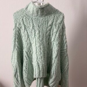 NWT Anthropologie Mint Light Green Cable Knit Turtleneck Sweater